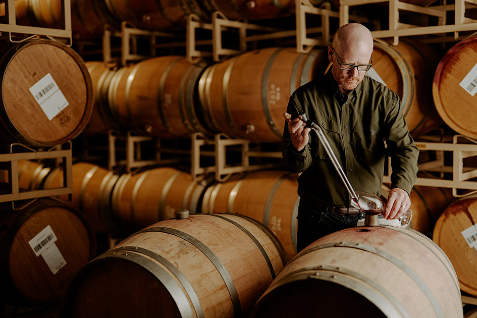 Seghesio Winemaker Andy Robinson in the barrel room.